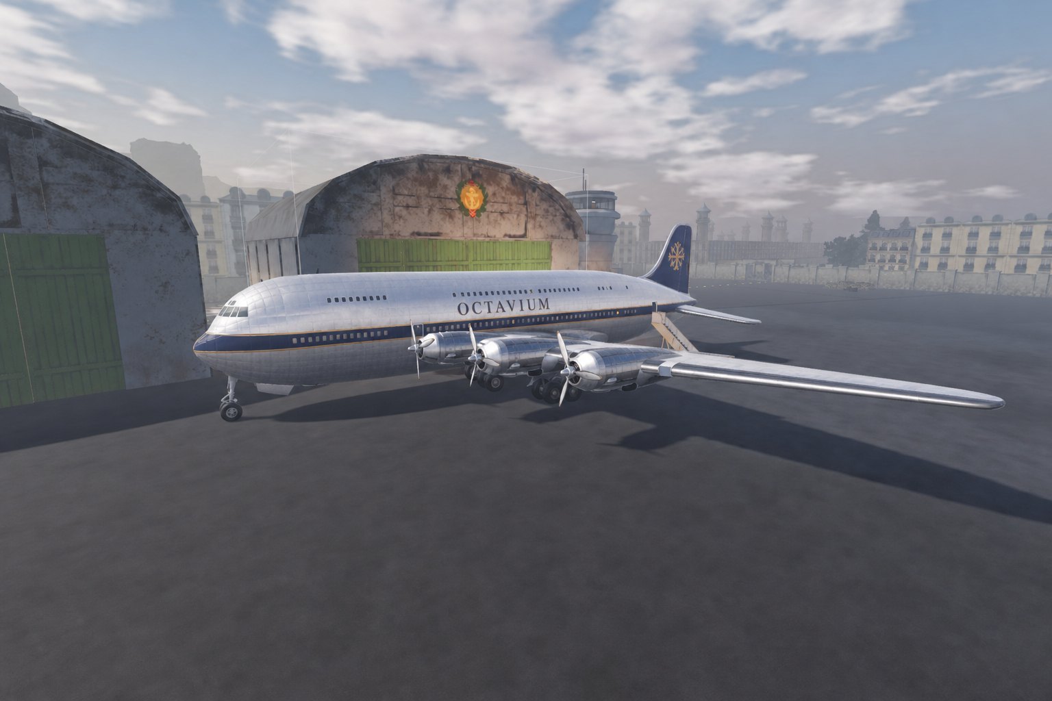 The Imperator, a four-engine double-deck airliner, on the same apron