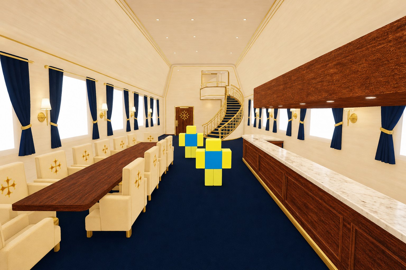 Inside the Imperator lower deck, wide and tall, the same two figures small in it
