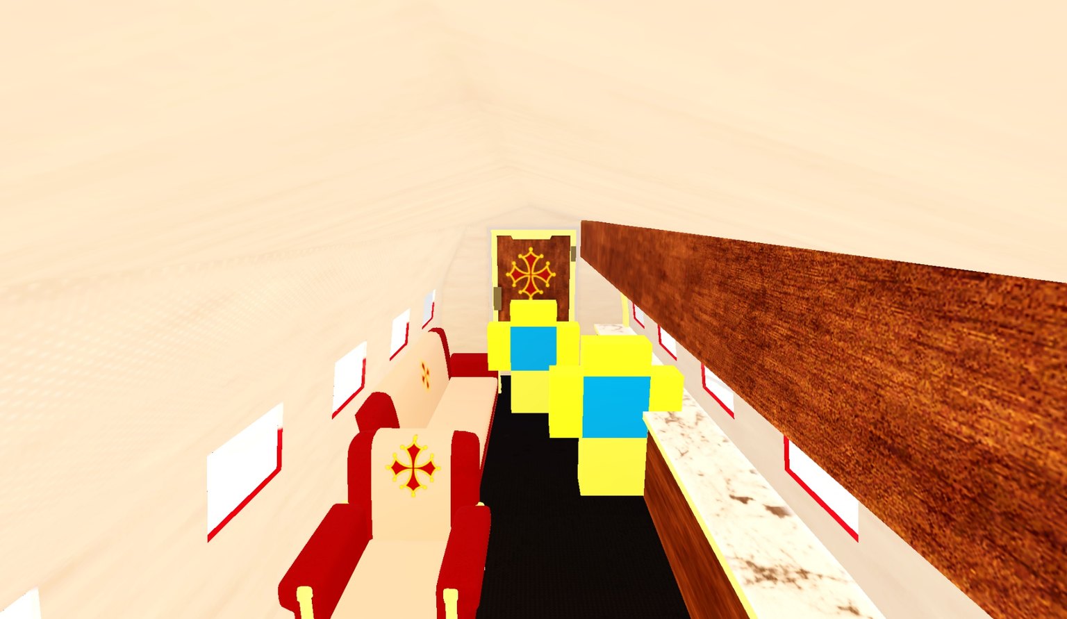 Inside the DC3 with two Roblox figures filling the aisle